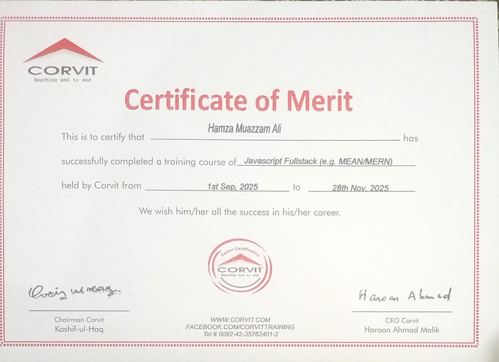 Corvit Certificate of Merit — Javascript Fullstack MEAN/MERN — Hamza Muazzam Ali Laleka