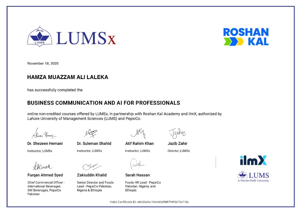 LUMSx Business Communication and AI for Professionals — Hamza Muazzam Ali Laleka