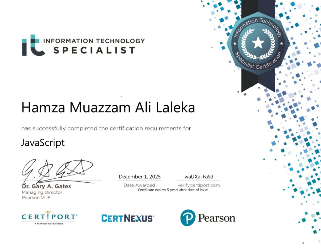 Pearson IT Specialist JavaScript Certification — Hamza Muazzam Ali Laleka